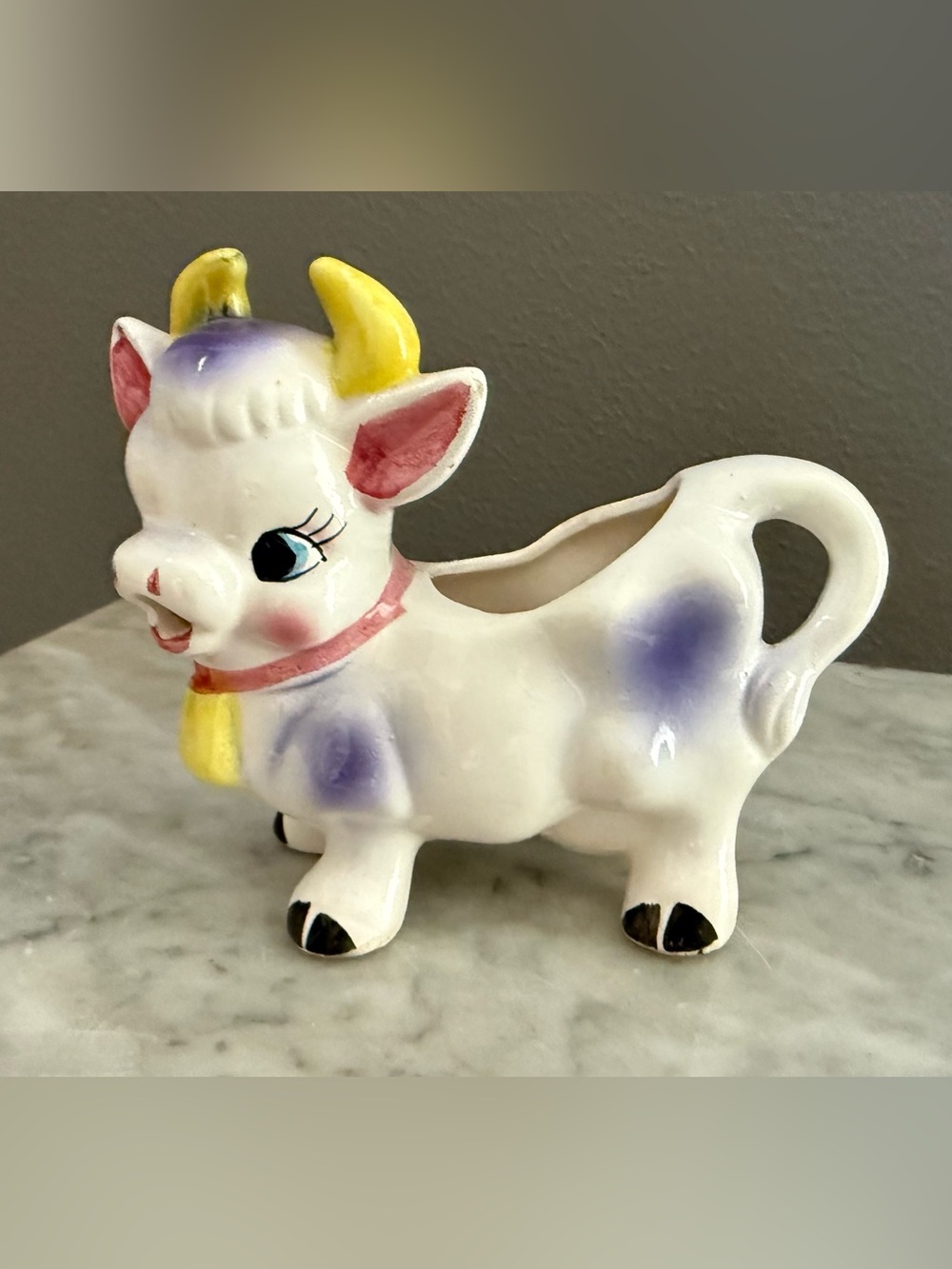 Vintage Ceramic Cow Creamer - White with Purple Spots